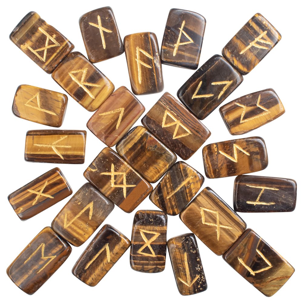 ZAICUS Tiger Eye Crystal Runes - Elder Futhark Rune Stones Engraved Gemstone Runes for Beginners Healing Crystal Set Lattering Norse Pagan Altar Supplies Wiccan Reiki Healing Witchy Gifts for Women
