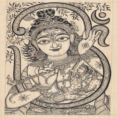 Exotic India Lord Krishna with Om and Radha - Orissa's Paata PaintingWater Color on Tussar Silk - Rabi Behera
