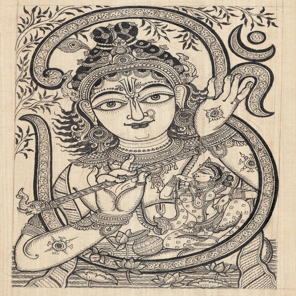 Exotic India Lord Krishna with Om and Radha - Orissa's Paata PaintingWater Color on Tussar Silk - Rabi Behera