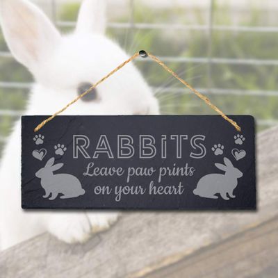 Stukk Leave Paw Prints On Your Heart Hanging Rabbit Bunny Sign, 30x12cm, Natural Engraved Slate Stone Plaque