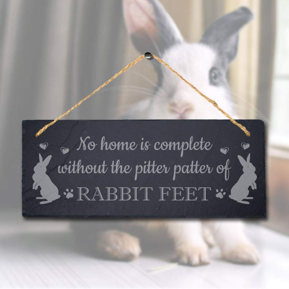 Stukk No Home Complete Without Pitter Patter Rabbit Hanging Bunny Sign, Natural Engraved Slate Stone Plaque, 30x12cm