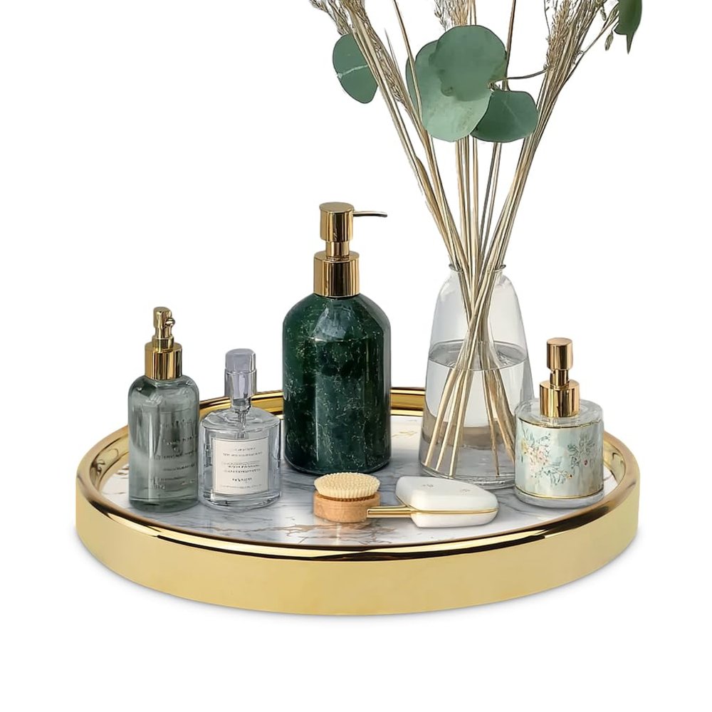 Decor Trends Round Marble Decorative Tray, Multi-Functional Storage Organizer for Vanity, Coffee Table, Jewelry, Perfumes and Home Decor, Luxury Accent Tray