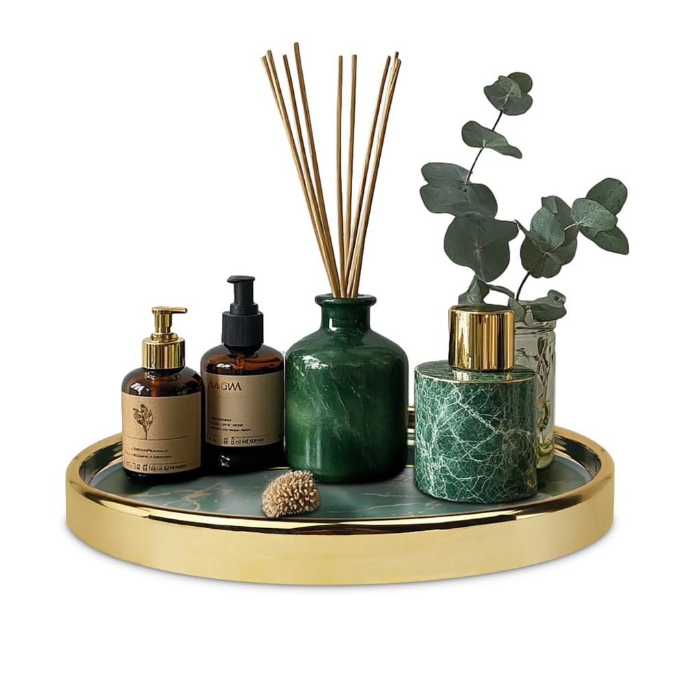 Makeup Perfume Organizer Round Bathroom Vanity Tray Decorative Dresser Tray Countertop Organizer Tray for Cosmetics,Green