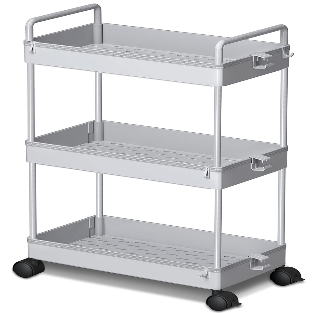 Ronlap 3 Tier Slim Rolling Storage Cart with Wheels Plastic Utility Cart Organizer for Snack Craft Art Postpartum Baby Diaper Nail Makeup in Bathroom Laundry Room Kitchen Bedside Narrow Space, Grey