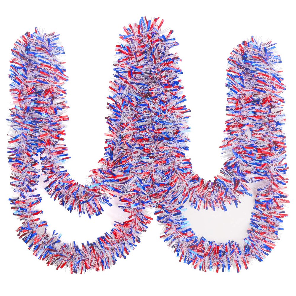 LOMIMOS Independence Day Patriotic Tinsel Garland, Metallic Garland for 4th of July Memorial Day and Veterans Day Decorations, 33 Feet