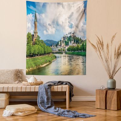 Ambesonne European Tapestry Queen Size, Historic Print European of Salzburg Land with Cloudy Sky and River in Austria, Wall Hanging Bedspread Bed Cover Wall Decor, 88" X 88", Green Multi