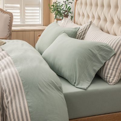 PURE ERA Jersey Knit 4pc Bed Sheet Set 100% T-Shirt Cotton Super Soft Comfy Breathable Fits Mattress Up to 20" Extra Deep Pocket (Solid Sage Green, Queen)