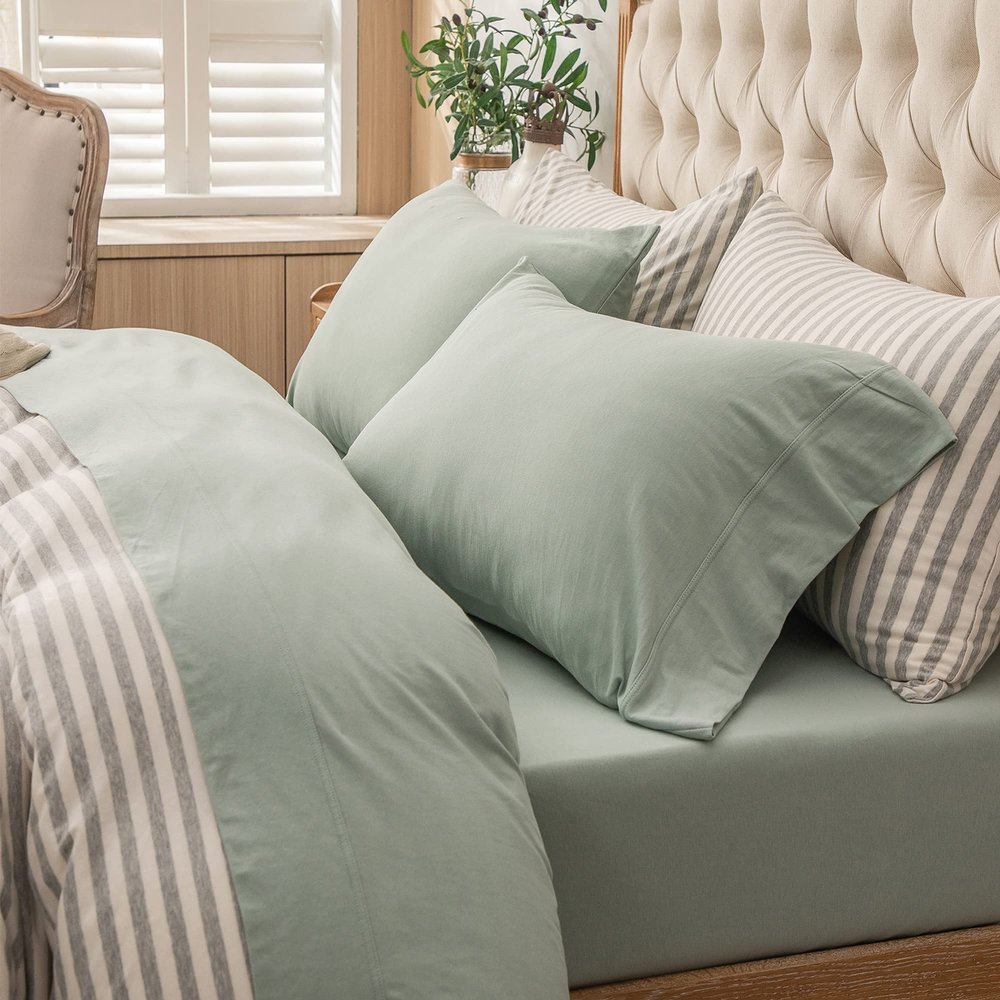 PURE ERA Jersey Knit 4pc Bed Sheet Set 100% T-Shirt Cotton Super Soft Comfy Breathable Fits Mattress Up to 20" Extra Deep Pocket (Solid Sage Green, Queen)