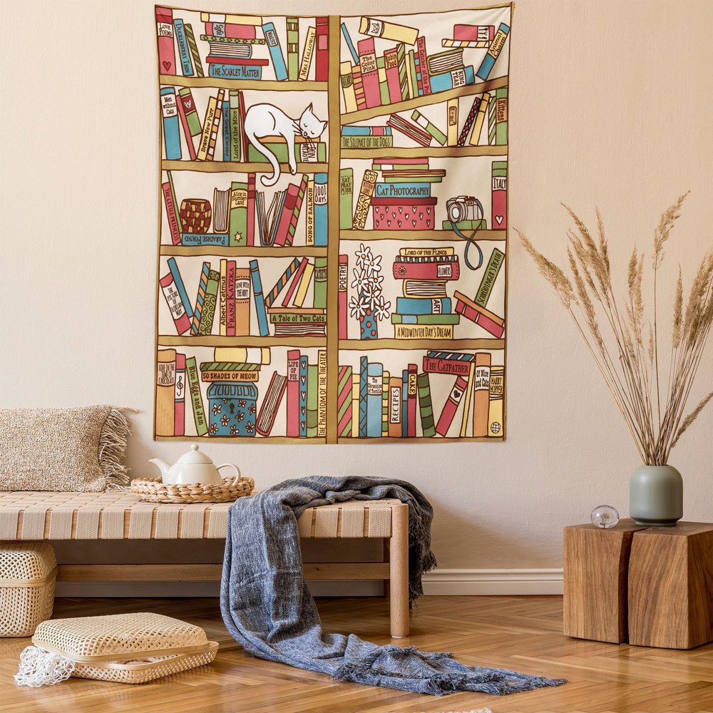 Ambesonne Cat Tapestry Queen Size, Nerd Book Lover Kitty Sleeping over Bookshelf Library Academics Feline Boho Design, Wall Hanging Bedspread Bed Cover Wall Decor, 88" X 88", Brown Pink