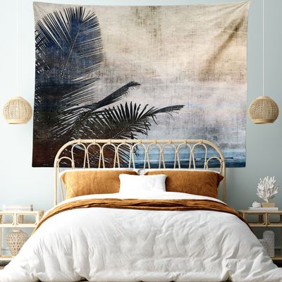Ambesonne Hawaiian Tapestry King Size, Palm Tree Leaves on Grunge Background with Sea Vintage Waterscape Illustration, Wall Hanging Bedspread Bed Cover Wall Decor, 104" X 88", Beige Indigo
