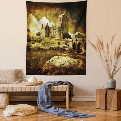 Ambesonne Medieval Tapestry Queen Size, Old Scottish Castle Vintage Style European Middle Age Culture Heritage Town Photo, Wall Hanging Bedspread Bed Cover Wall Decor, 88" X 88", Grey Green