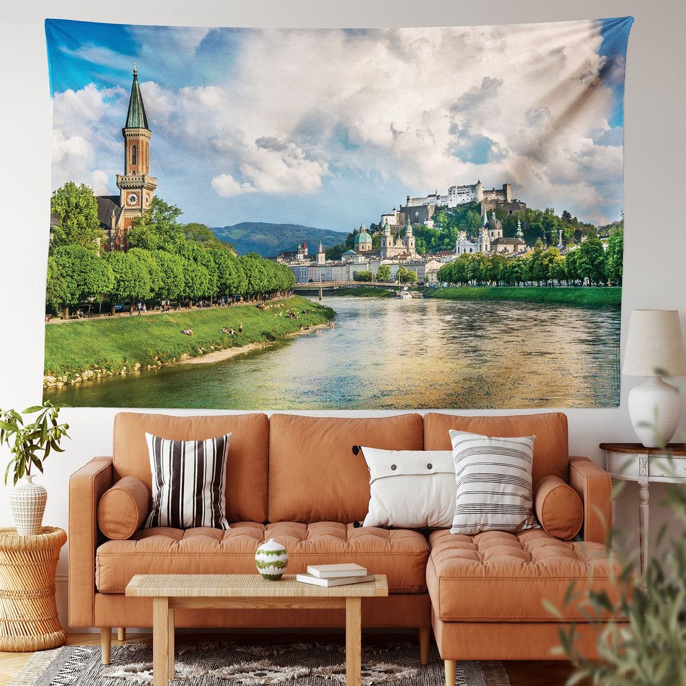 Ambesonne European Tapestry King Size, Historic Print European of Salzburg Land with Cloudy Sky and River in Austria, Wall Hanging Bedspread Bed Cover Wall Decor, 104" X 88", Green Multi