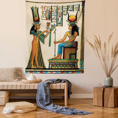 Ambesonne Egyptian Print Tapestry Twin Size, Old Papyrus Depicting Queen Nefertari Historical Empire Art, Wall Hanging Bedspread Bed Cover Wall Decor, 68" X 88", Beige Orange