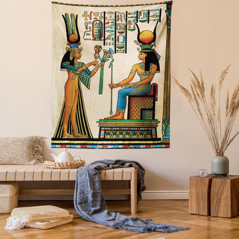 Ambesonne Egyptian Print Tapestry Twin Size, Old Papyrus Depicting Queen Nefertari Historical Empire Art, Wall Hanging Bedspread Bed Cover Wall Decor, 68" X 88", Beige Orange