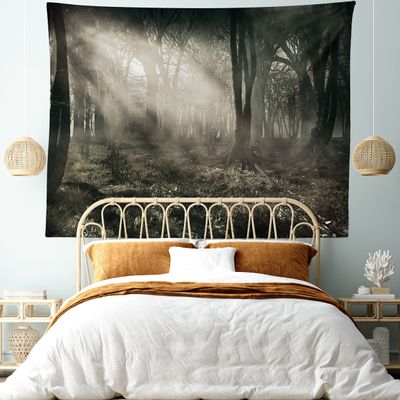 Ambesonne Gothic Tapestry King Size, Photo of Dark Forest Scenery Sunbeams and Fog Vintage Nostalgic Colors Fantasy Art, Wall Hanging Bedspread Bed Cover Wall Decor, 104" X 88", Brown Sepia
