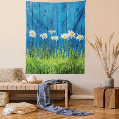 Ambesonne Flower Tapestry Queen Size, Fresh Springtime Grass and Daisy on Fence Summer Simple Vintage Style Print, Wall Hanging Bedspread Bed Cover Wall Decor, 88" X 88", Blue and Green