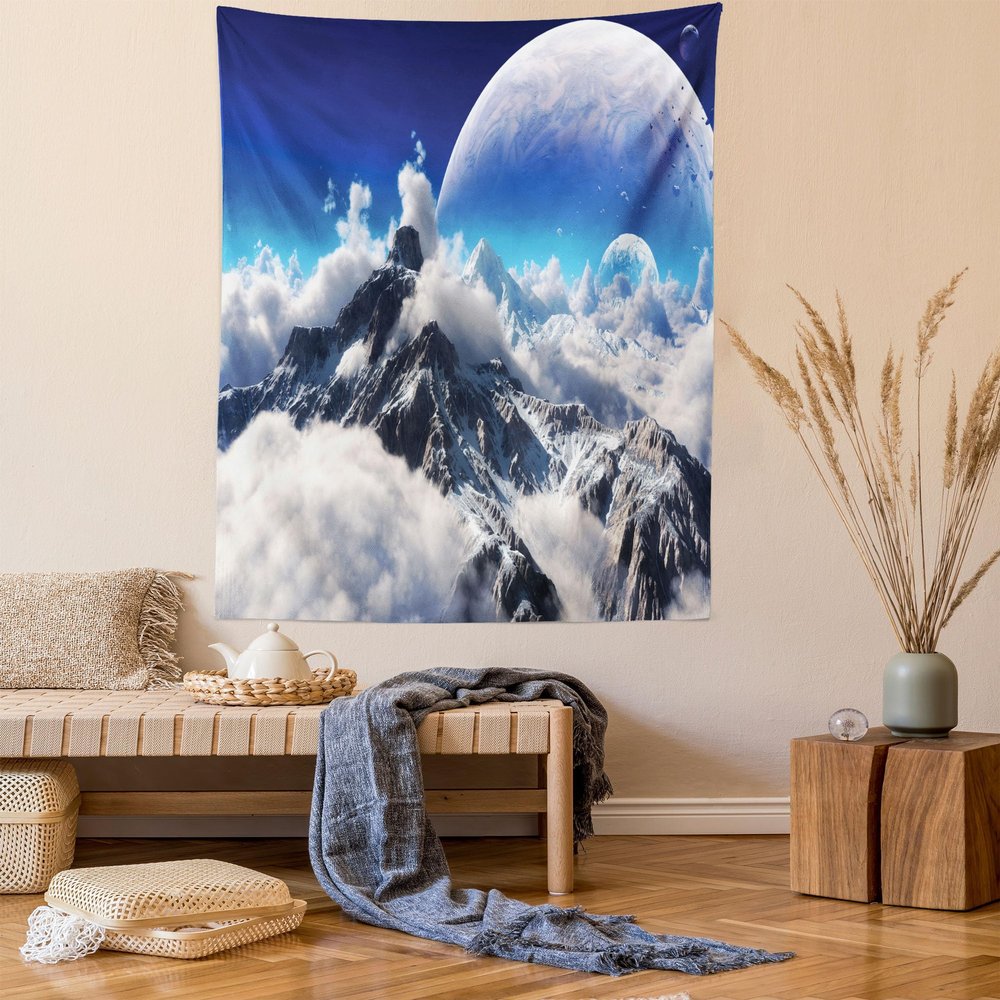 Ambesonne Fantasy Tapestry Queen Size, Celestial View of Snow Capped Mountains and Alien Planet Print, Wall Hanging Bedspread Bed Cover Wall Decor, 88" X 88", White and Navy Blue