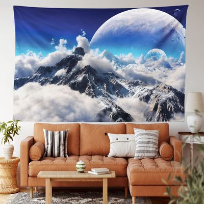 Ambesonne Fantasy Tapestry King Size, Celestial View of Snow Capped Mountains and Alien Planet Print, Wall Hanging Bedspread Bed Cover Wall Decor, 104" X 88", White and Navy Blue
