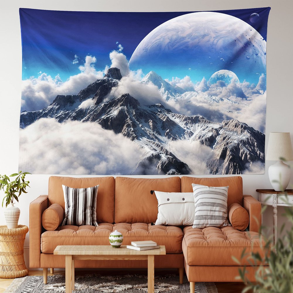 Ambesonne Fantasy Tapestry King Size, Celestial View of Snow Capped Mountains and Alien Planet Print, Wall Hanging Bedspread Bed Cover Wall Decor, 104" X 88", White and Navy Blue