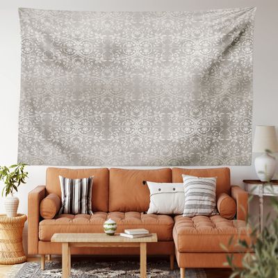 Ambesonne Grey Tapestry King Size, Victorian Lace Flowers and Leaves Retro Background Old Fashioned Graphic, Wall Hanging Bedspread Bed Cover Wall Decor, 104" X 88", Off Wihte Taupe Grey