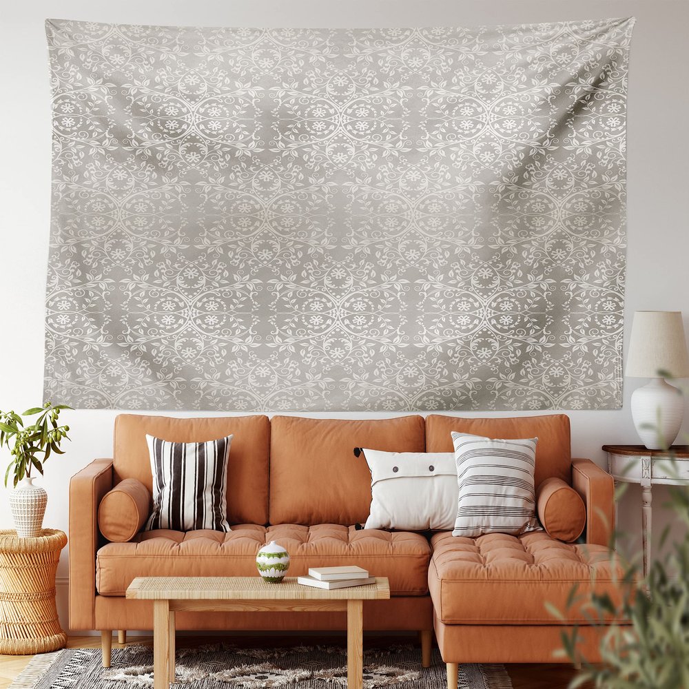 Ambesonne Grey Tapestry King Size, Victorian Lace Flowers and Leaves Retro Background Old Fashioned Graphic, Wall Hanging Bedspread Bed Cover Wall Decor, 104" X 88", Off Wihte Taupe Grey