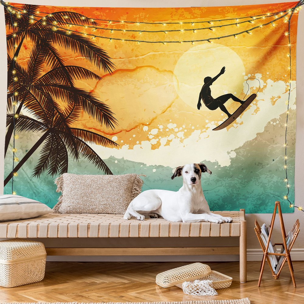 Ambesonne Grunge Tapestry King Size, Illustration of Tropical Island Surfer on Sea Waves and Palms at Sunset, Wall Hanging Bedspread Bed Cover Wall Decor, 104" X 88", Orange Turquoise Black