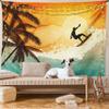 Ambesonne Grunge Tapestry King Size, Illustration of Tropical Island Surfer on Sea Waves and Palms at Sunset, Wall Hanging Bedspread Bed Cover Wall Decor, 104" X 88", Orange Turquoise Black view 1