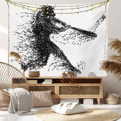 Ambesonne Black and White Tapestry King Size, Abstract Illustration of a Baseball Player Posing Grunge, Wall Hanging Bedspread Bed Cover Wall Decor, King Size, White Charcoal
