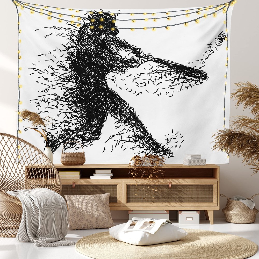 Ambesonne Black and White Tapestry King Size, Abstract Illustration of a Baseball Player Posing Grunge, Wall Hanging Bedspread Bed Cover Wall Decor, King Size, White Charcoal