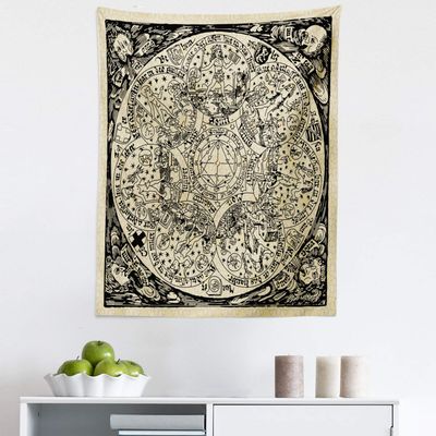 Ambesonne Astrology Tapestry, Series of Mystic Esoteric Old Map with Man with Vintages, Fabric Wall Hanging Decor for Bedroom Living Room Dorm, 23" X 28", Ecru Black