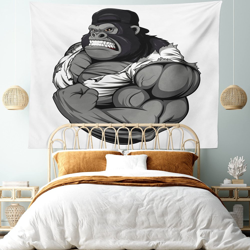 Ambesonne Cartoon Tapestry King Size, Image of Big Gorilla Like as Professional Athlete Bodybuilding Gym Animal, Wall Hanging Bedspread Bed Cover Wall Decor, 104" X 88", Black White Grey