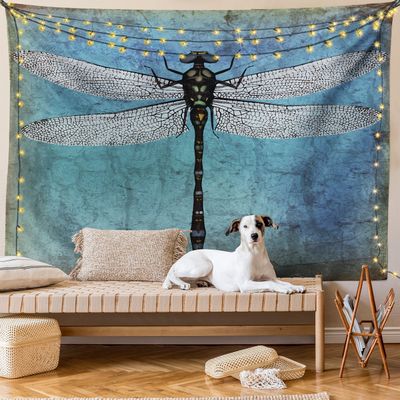 Ambesonne Dragonfly Tapestry King Size, Grunge Vintage Old Backdrop and Dragonfly Bug Ombre Image, Wall Hanging Bedspread Bed Cover Wall Decor, 104" X 88", Turquoise