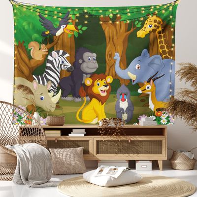 Ambesonne Animal Tapestry King Size, Cartoon Style Gazelle Giraffe Gorilla Lion Animals Illustration, Wall Hanging Bedspread Bed Cover Wall Decor, 104" X 88", Brown Green
