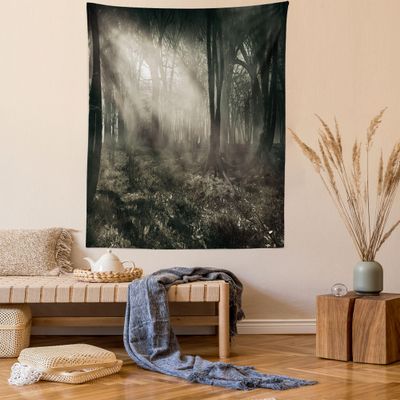Ambesonne Gothic Tapestry Twin Size, Photo of Dark Forest Scenery Sunbeams and Fog Vintage Nostalgic Colors Fantasy Art, Wall Hanging Bedspread Bed Cover Wall Decor, 68" X 88", Brown Sepia