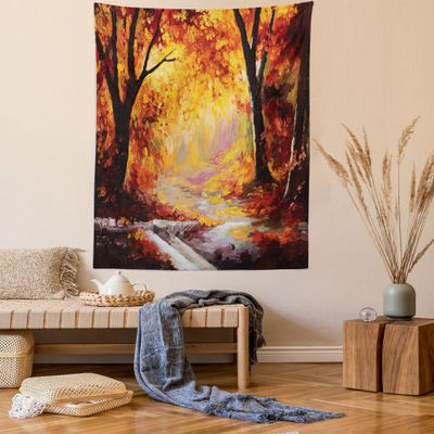 Ambesonne Country Tapestry Twin Size, Paint of a Forest with Autumn Color Leaves Fall Time Sadness Season Theme Art, Wall Hanging Bedspread Bed Cover Wall Decor, 68" X 88", Orange Brown