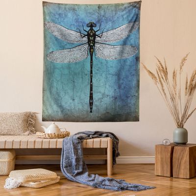 Ambesonne Dragonfly Tapestry Queen Size, Grunge Vintage Old Backdrop and Dragonfly Bug Ombre Image, Wall Hanging Bedspread Bed Cover Wall Decor, 88" X 88", Turquoise