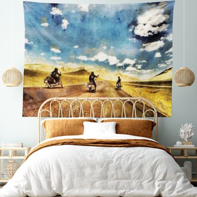 Ambesonne Country Tapestry King Size, Group Friends Band on Motorcycles in Countryside Rural Adventure Travel up Art, Wall Hanging Bedspread Bed Cover Wall Decor, 104" X 88", Grey Blue