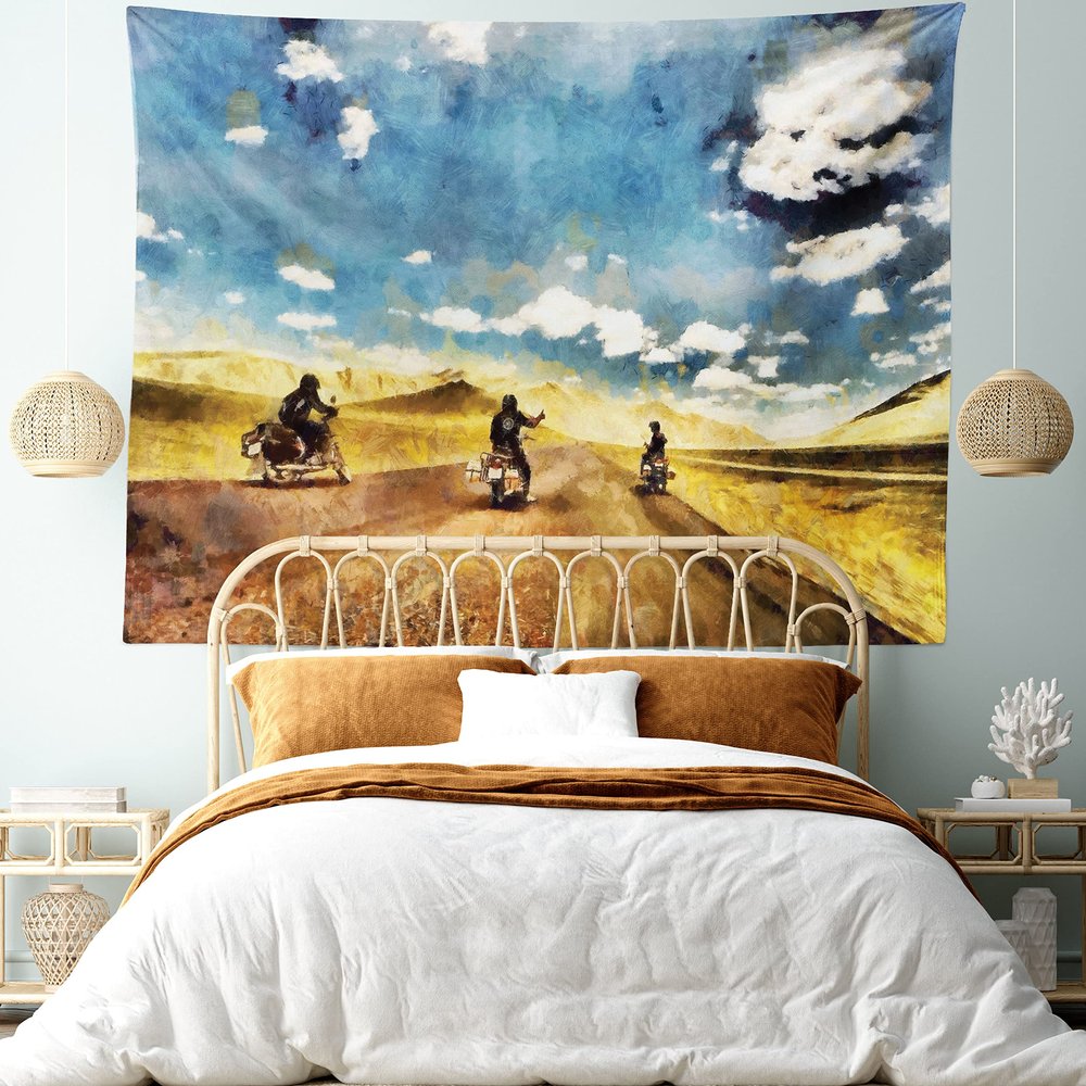 Ambesonne Country Tapestry King Size, Group Friends Band on Motorcycles in Countryside Rural Adventure Travel up Art, Wall Hanging Bedspread Bed Cover Wall Decor, 104" X 88", Grey Blue