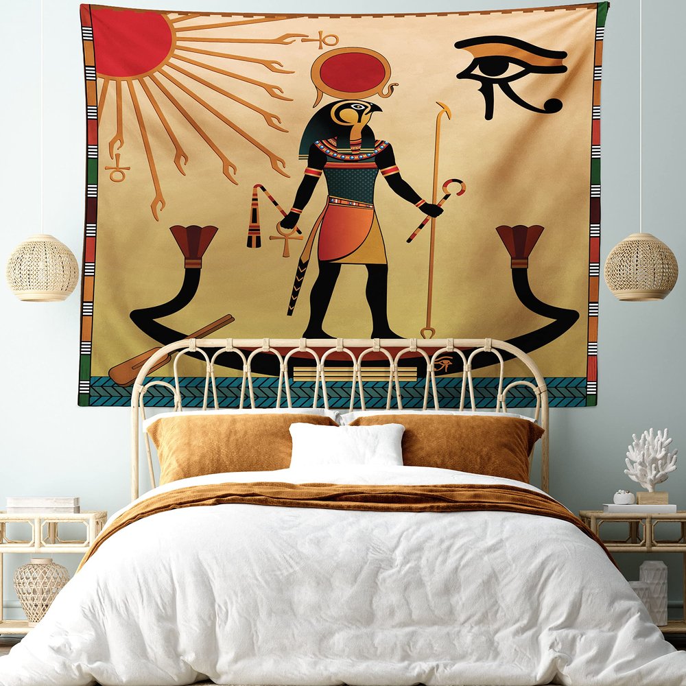 Ambesonne Egyptian Print Tapestry King Size, Sun Old Egyptian Timeless Grace Antique Tradition Illustration, Wall Hanging Bedspread Bed Cover Wall Decor, 104" X 88", Cream Red