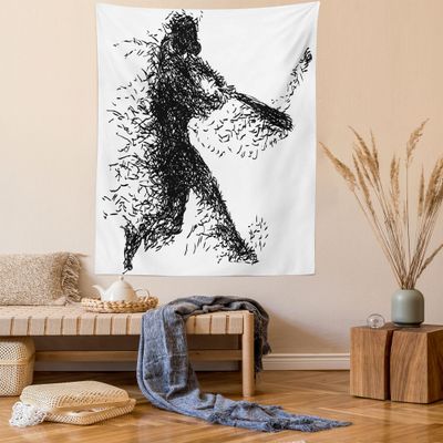 Ambesonne Black and White Tapestry Twin Size, Abstract Illustration of a Baseball Player Posing Grunge, Wall Hanging Bedspread Bed Cover Wall Decor, Twin Size, White Charcoal