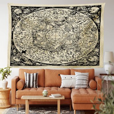 Ambesonne Astrology Tapestry King Size, Series of Mystic Esoteric Old Map with Man with Vintages, Wall Hanging Bedspread Bed Cover Wall Decor, 104" X 88", Ecru Black