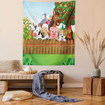 Ambesonne Cartoon Tapestry Queen Size, Composition Farm Animals on Fence Comic Mascots Dog Cow Horse Design, Wall Hanging Bedspread Bed Cover Wall Decor, 88" X 88", Green Multicolor
