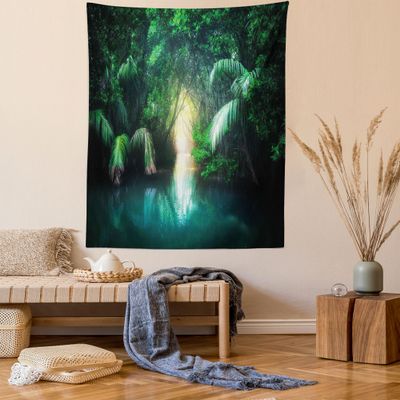Ambesonne Jungle Tapestry Queen Size, Tropical Lake Mangrove Rainforest Pathway Through Sri Lanka Travel Destination, Wall Hanging Bedspread Bed Cover Wall Decor, Queen Size, Green Teal
