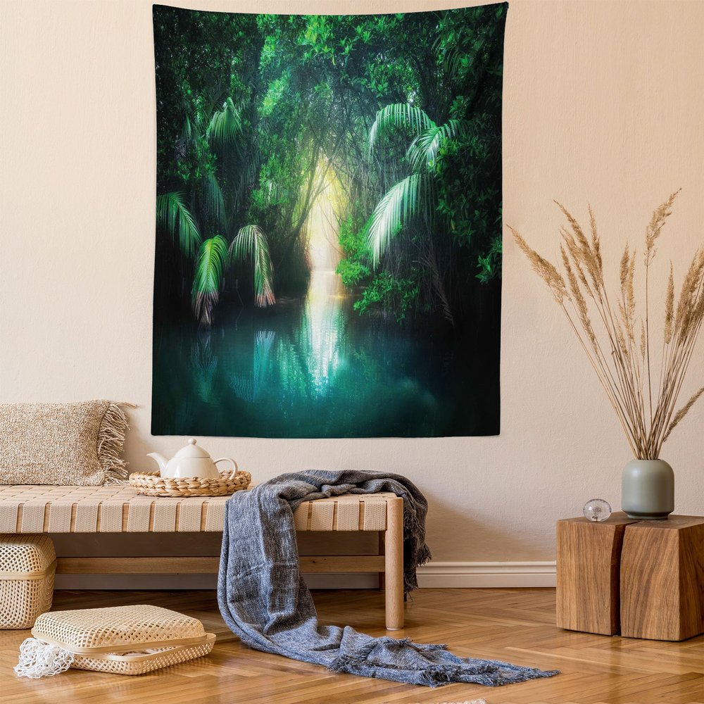Ambesonne Jungle Tapestry Queen Size, Tropical Lake Mangrove Rainforest Pathway Through Sri Lanka Travel Destination, Wall Hanging Bedspread Bed Cover Wall Decor, Queen Size, Green Teal