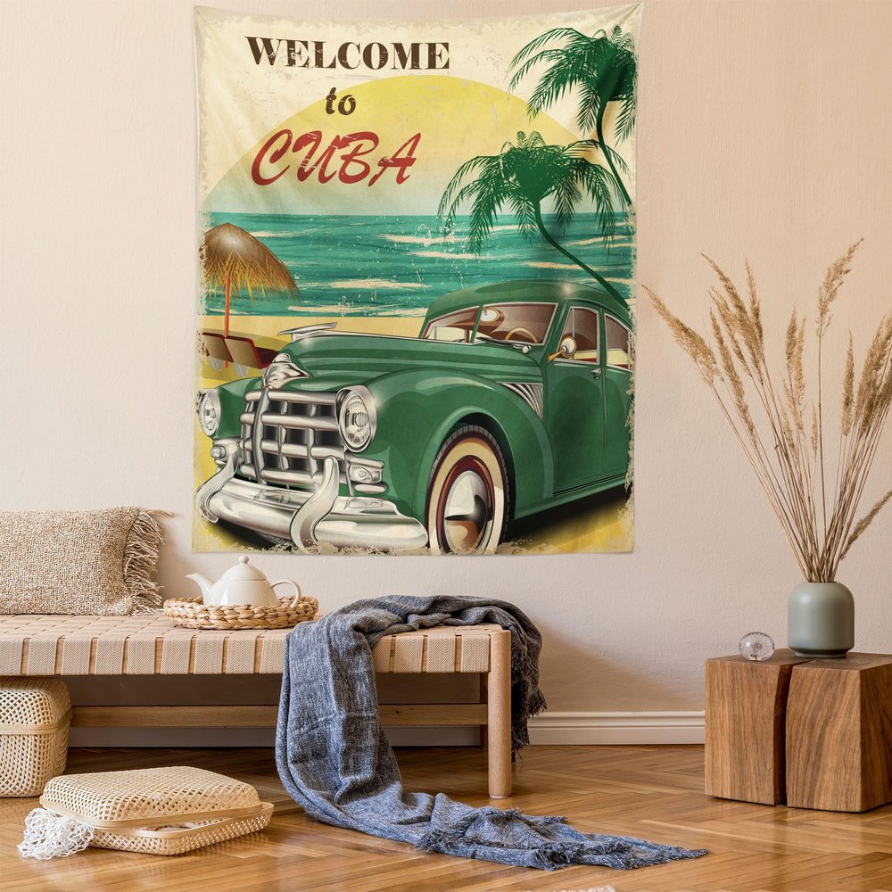 Ambesonne Retro Tapestry Twin Size, Nostalgic Welcome to Cuba Print Classic Car Beach Ocean Palm Trees, Wall Hanging Bedspread Bed Cover Wall Decor, 68" X 88", Green Cream