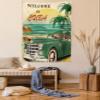 Ambesonne Retro Tapestry Twin Size, Nostalgic Welcome to Cuba Print Classic Car Beach Ocean Palm Trees, Wall Hanging Bedspread Bed Cover Wall Decor, 68" X 88", Green Cream view 1