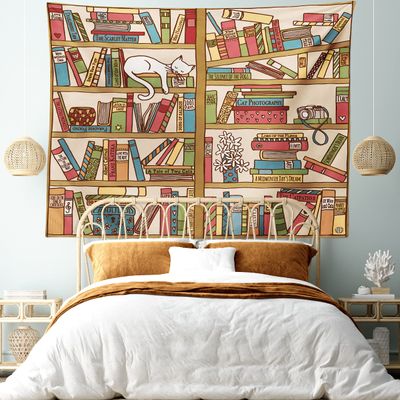 Ambesonne Cat Tapestry King Size, Nerd Book Lover Kitty Sleeping over Bookshelf Library Academics Feline Boho Design, Wall Hanging Bedspread Bed Cover Wall Decor, 104" X 88", Brown Pink