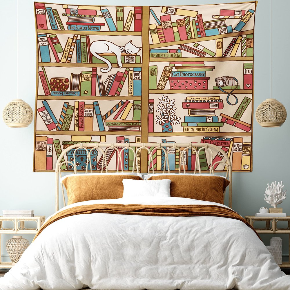 Ambesonne Cat Tapestry King Size, Nerd Book Lover Kitty Sleeping over Bookshelf Library Academics Feline Boho Design, Wall Hanging Bedspread Bed Cover Wall Decor, 104" X 88", Brown Pink
