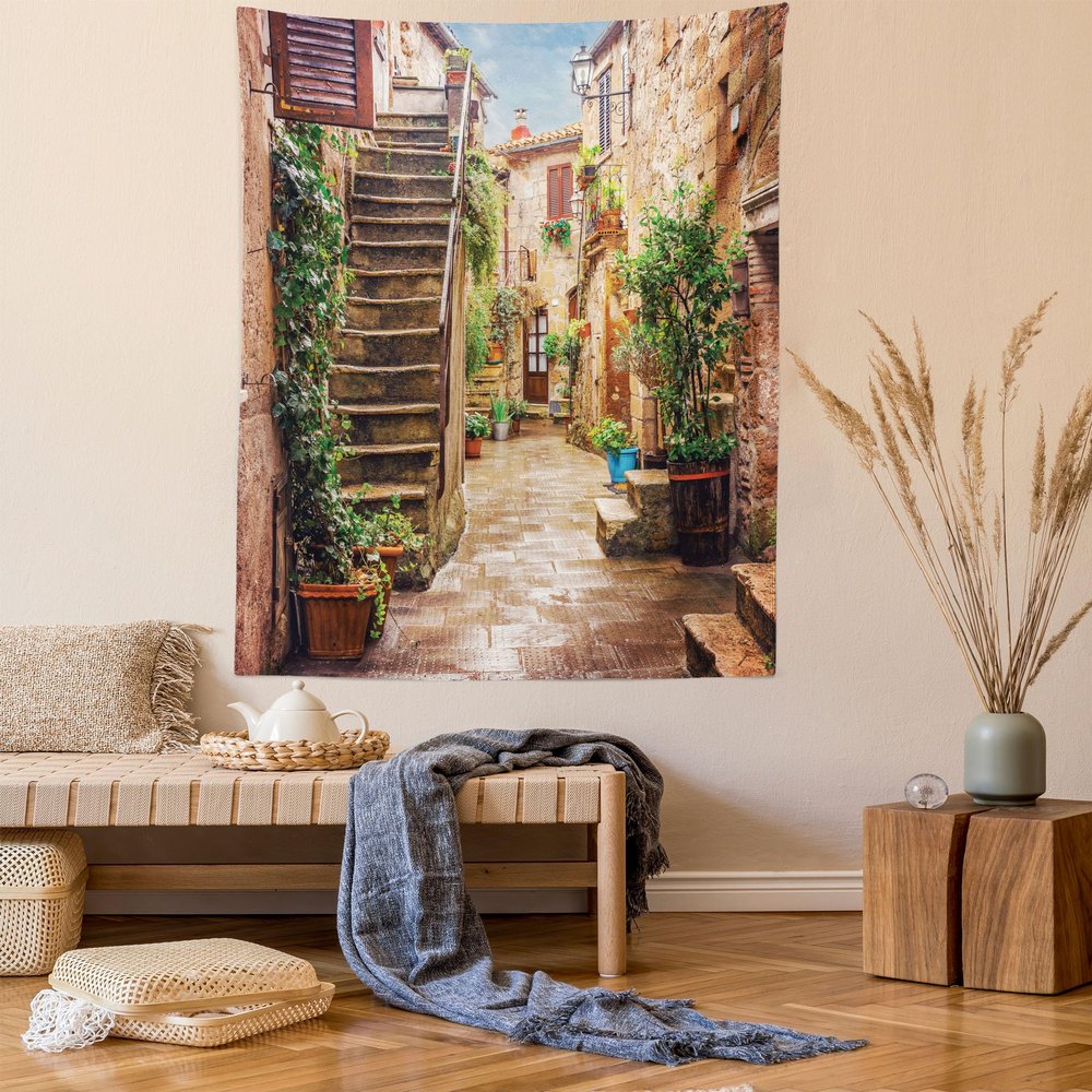 Ambesonne Italian Tapestry Queen Size, View of Old Mediterranean Street Stone Rock Houses in Italy City Rural Print, Wall Hanging Bedspread Bed Cover Wall Decor, Queen Size, Stone Green