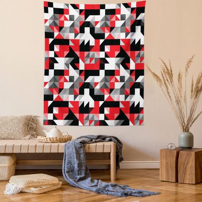 Ambesonne Abstract Tapestry Queen Size, Abstract Geometric Half Triangles Squares Maze Inspired Image, Wall Hanging Bedspread Bed Cover Wall Decor, 88" X 88", Charcoal Vermilion